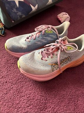 Hoka Women's Running Shoes in Pink, Light Blue & Yellow Accents